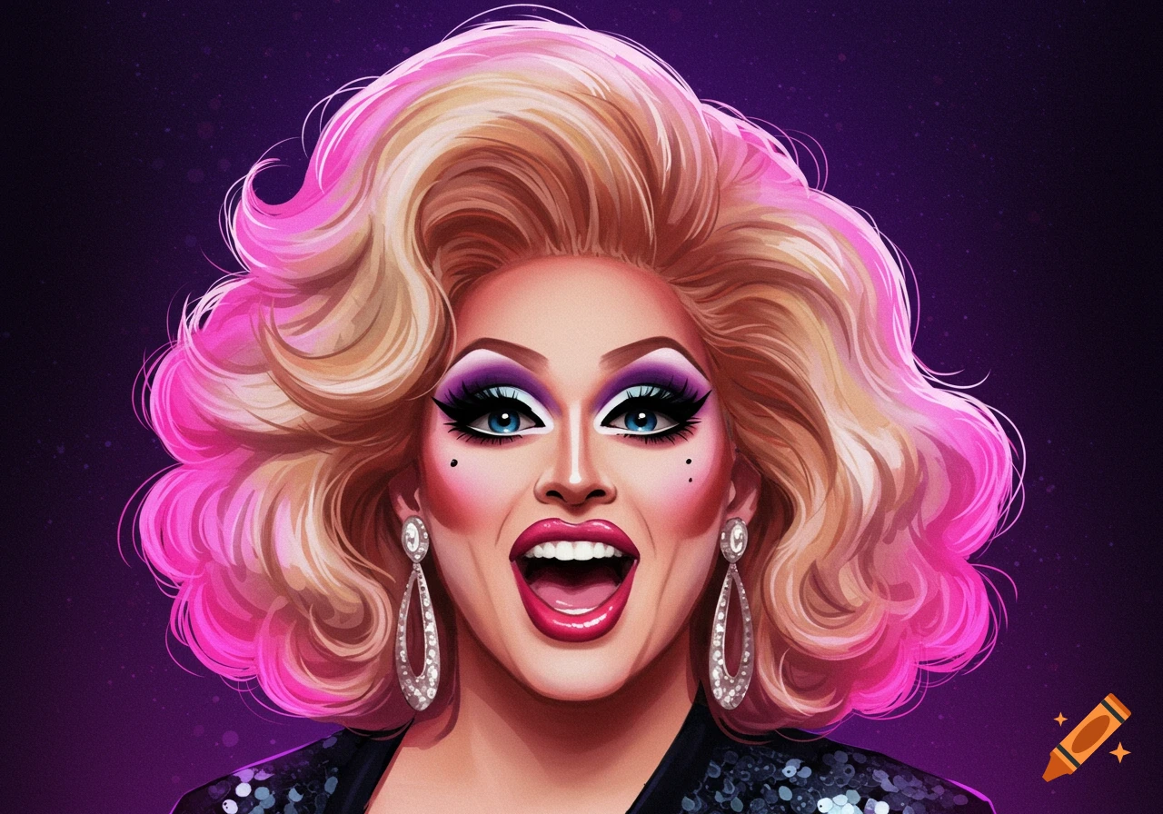 Illustration of a person in drag makeup with a large blonde and pink wig, wearing sequins and earrings.
