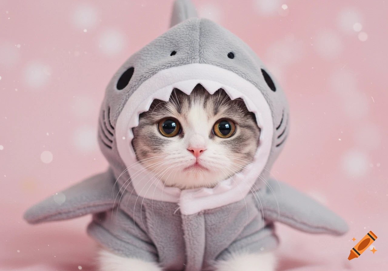 Close-up of a cute cat wearing a gray shark costume against a pink background with bokeh lights.