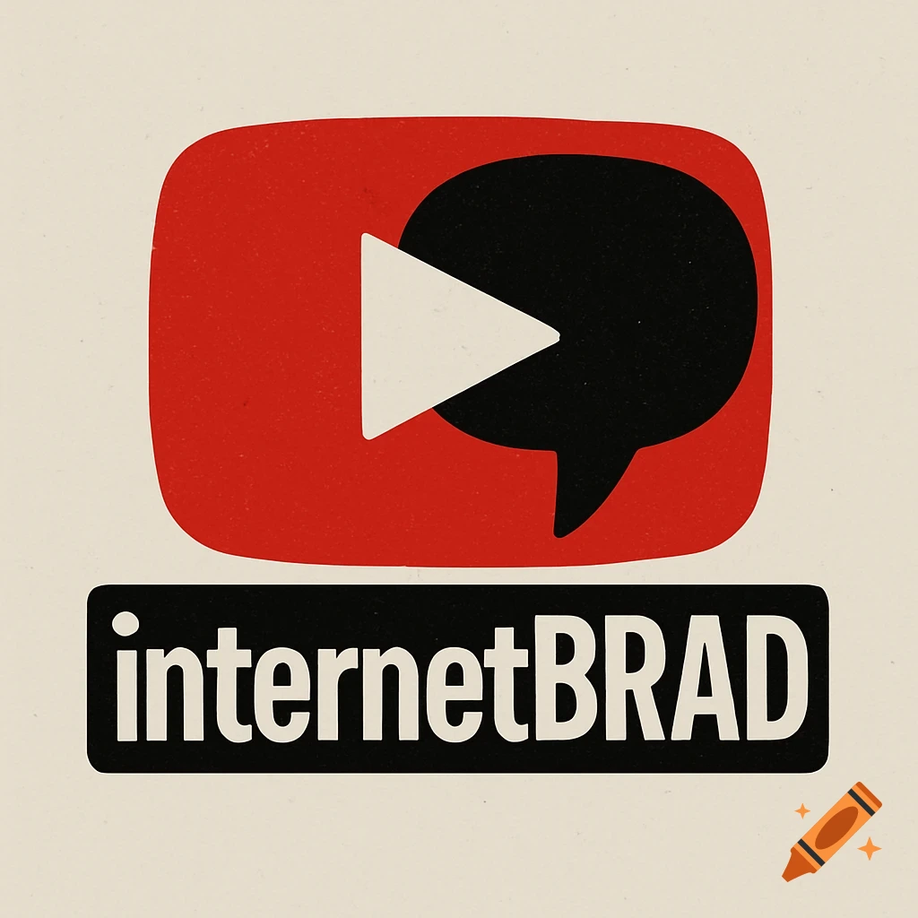 A logo featuring a red play button icon combined with a black speech bubble, above the text "internetBRAD" on a black bar.