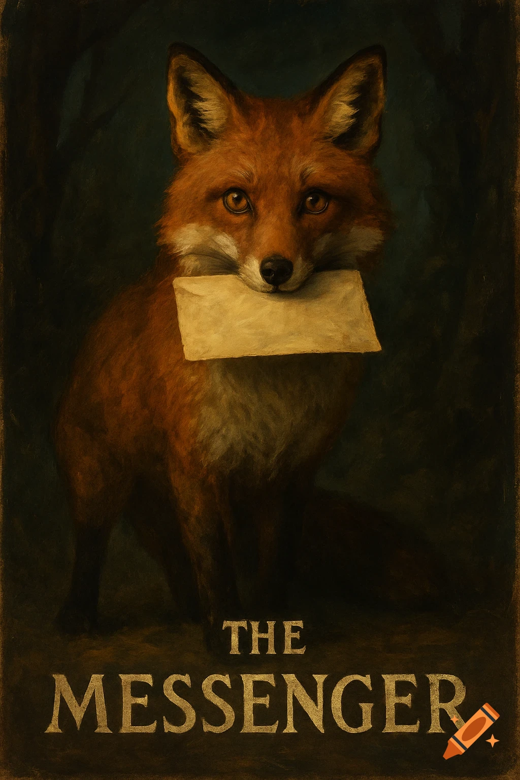 A fox holds a letter in its mouth, with 'THE MESSENGER' text below, in a dark painting style.