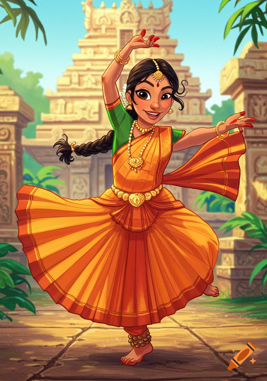 Cartoon of a girl doing Bharatanatyam dance in front of an Indian temple