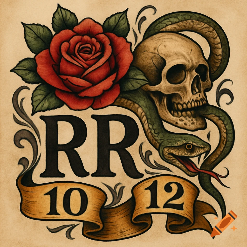 Traditional tattoo design with a skull, snake, rose, and the text RR 10 12