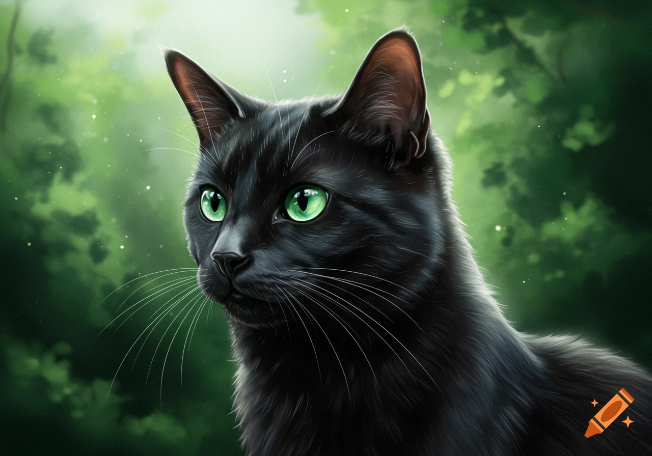 A black cat with bright green eyes looks left in a forest setting, digital painting.