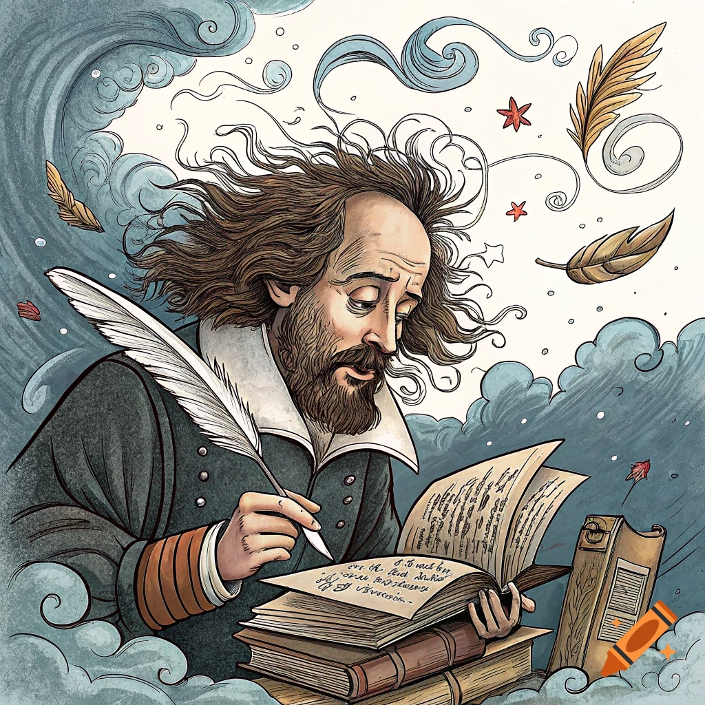 Cartoon of William Shakespeare writing in a book with a quill, surrounded by feathers and clouds.