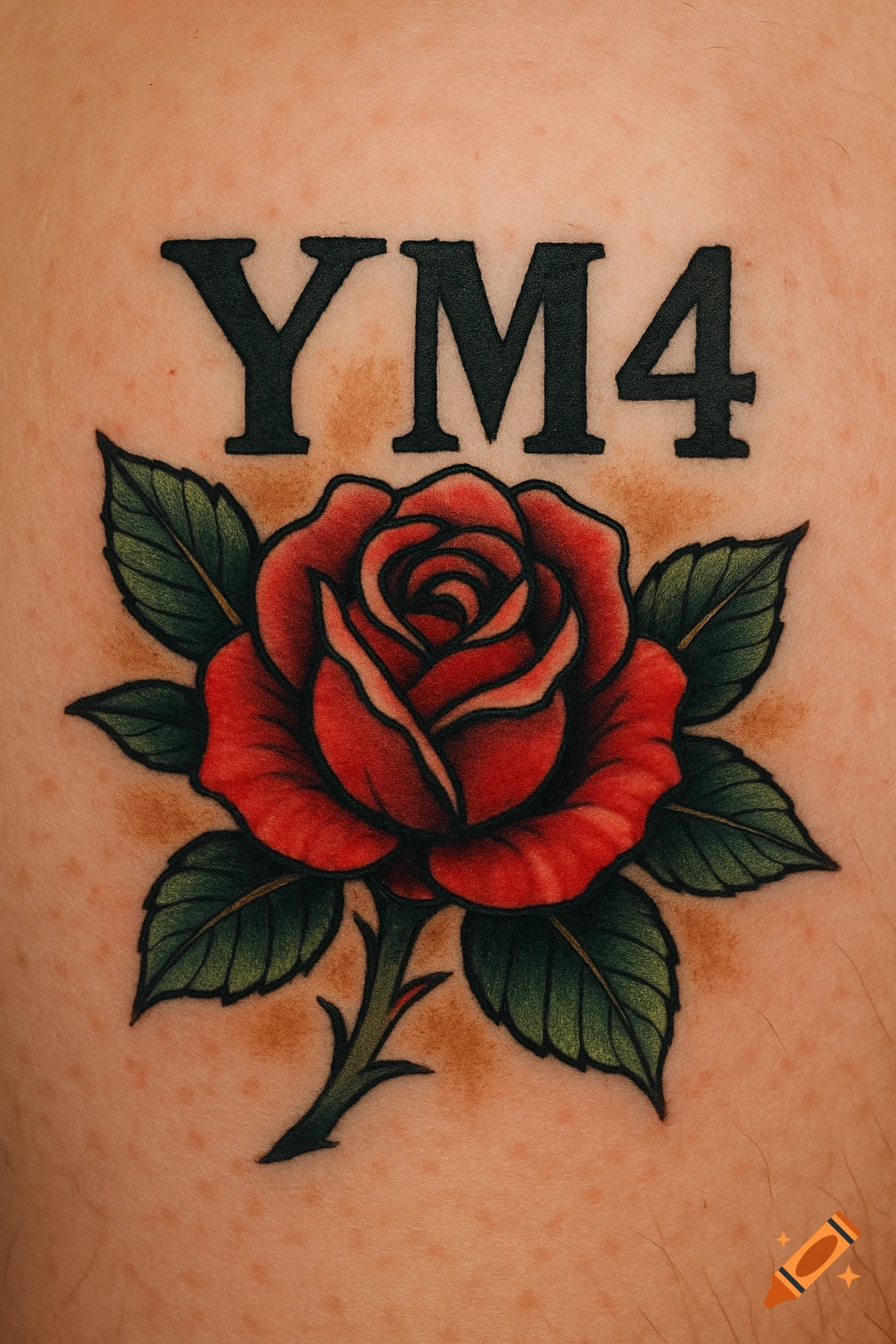 A realistic tattoo of a red rose with green leaves below the text 'YM4' on skin.