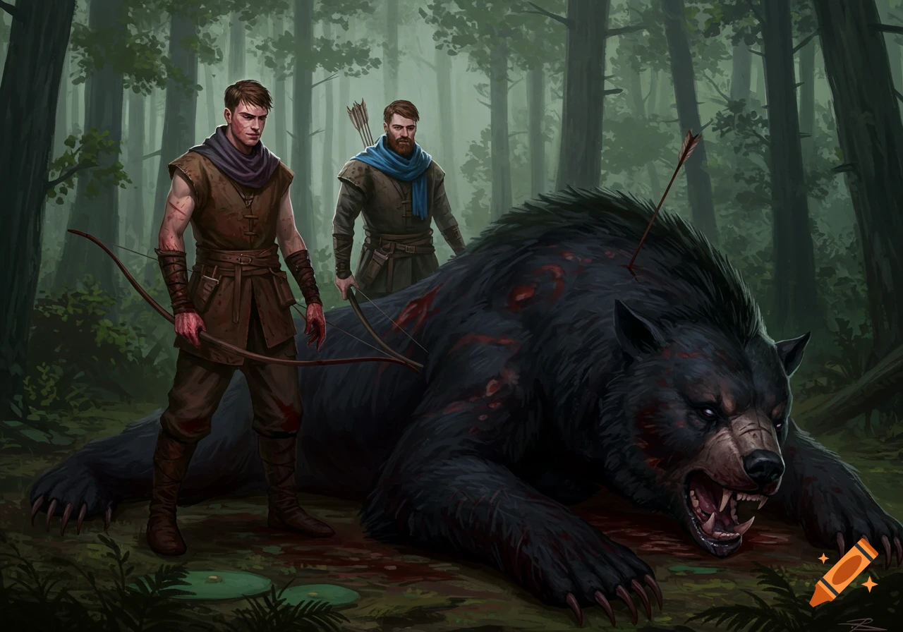 Two fantasy hunters stand over a large dead bear-like beast in a dark forest.