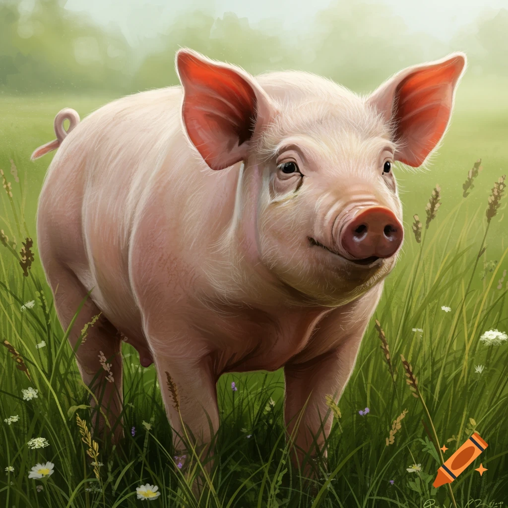 An illustration of a pink pig standing in tall green grass.