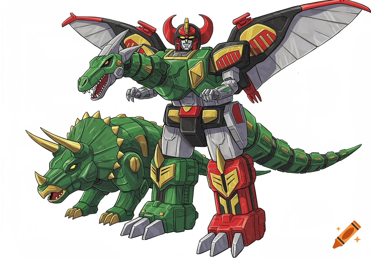 Illustration of a large green, red, and gray robot combined with dinosaur parts, standing next to a green triceratops.
