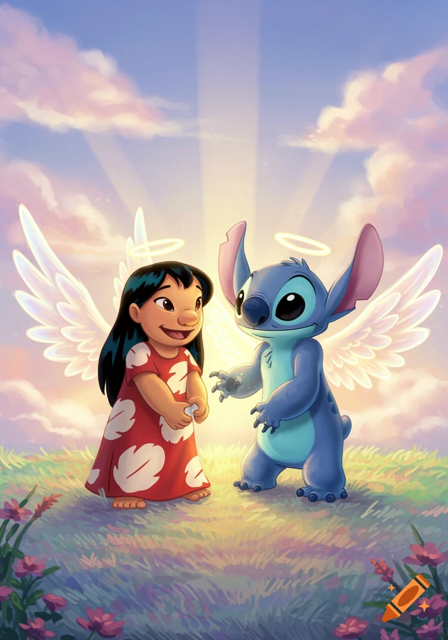 Lilo and Stitch depicted as angels with halos and wings standing in a field with flowers under a bright sky.
