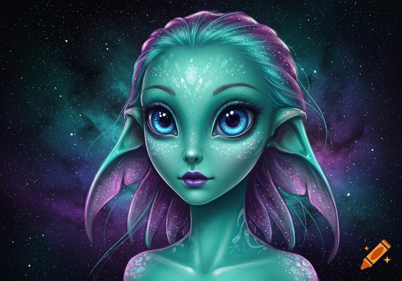 Close-up portrait of a stylized alien creature with large blue eyes and teal skin against a starry space background.
