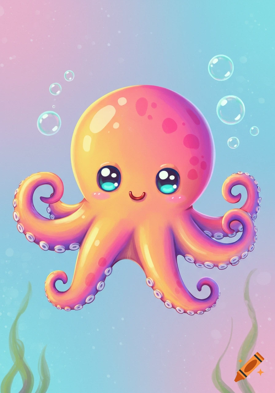 A cute cartoon octopus swims underwater with bubbles.
