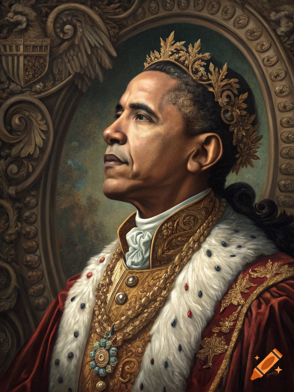 Portrait of Barack Obama in ornate baroque royal attire.