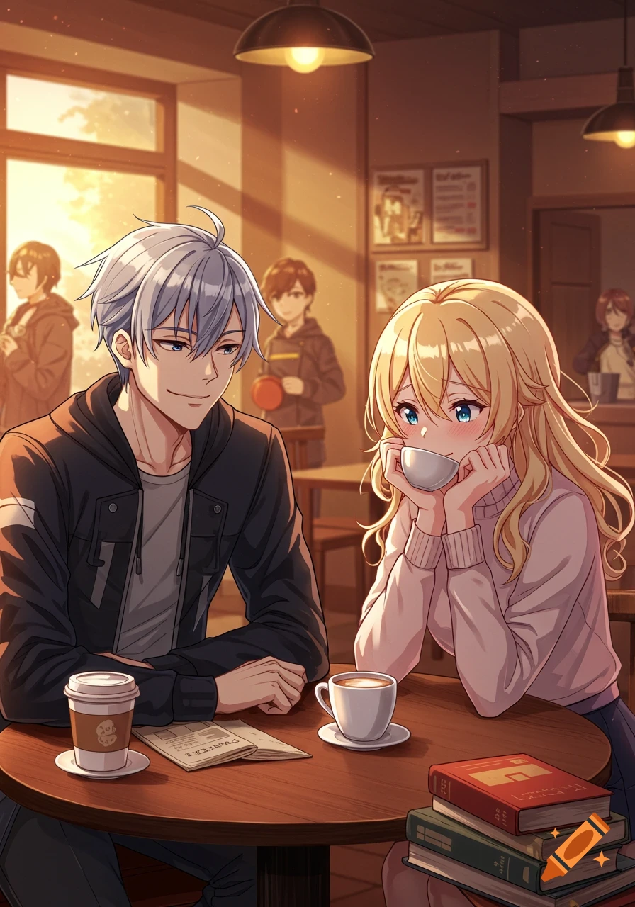 Two anime characters, a man and a woman, sit at a coffee shop table with drinks and books.