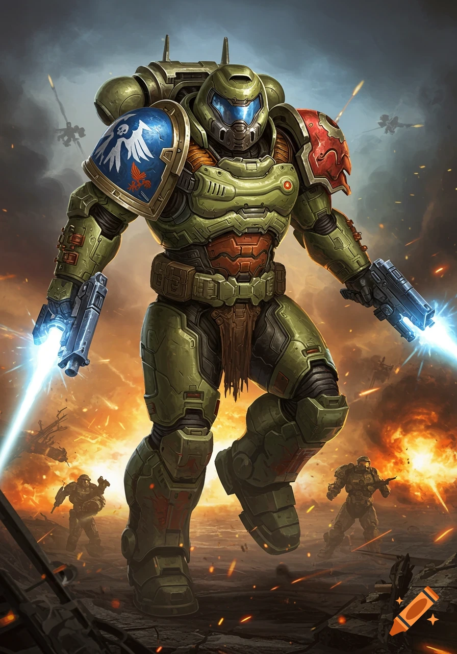 Heavily armored space marine figure standing on a battlefield with explosions and other soldiers in the background, digital illustration style.