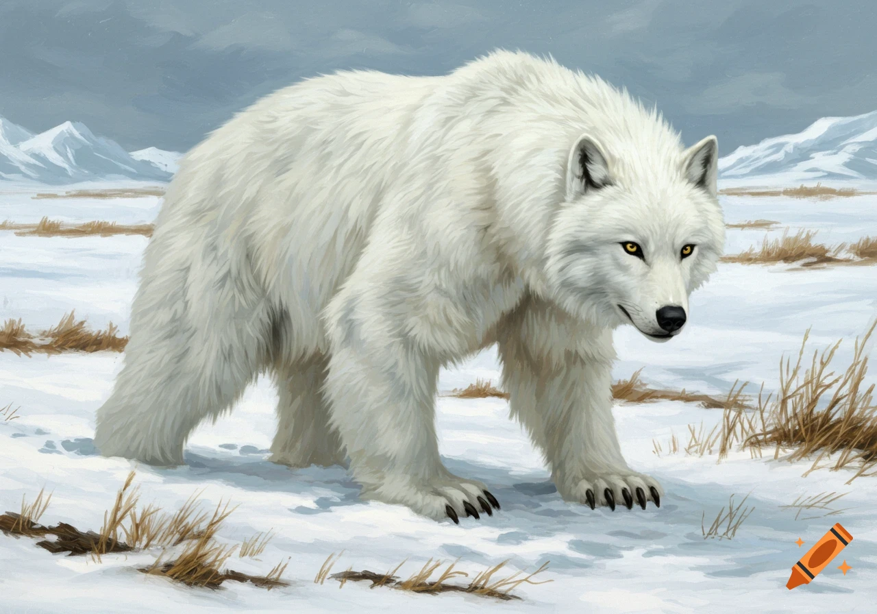 A white bear-wolf creature stands in a snowy tundra landscape.
