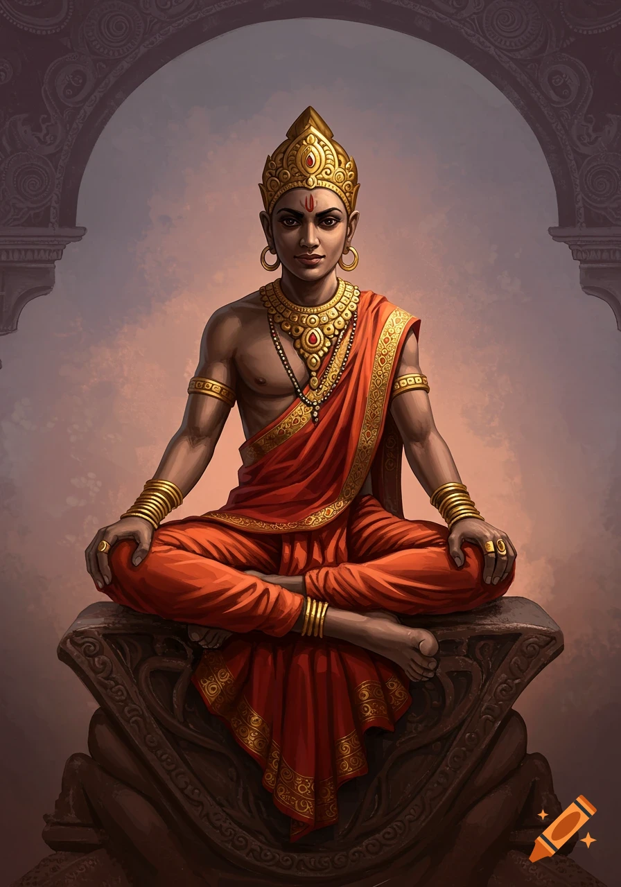 Person in traditional Indian attire meditating on a stone pedestal, digital art