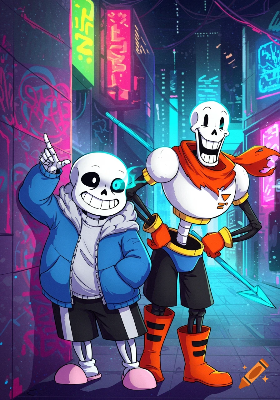 Cartoon of Undertale characters Sans and Papyrus in a neon cyberpunk city street.