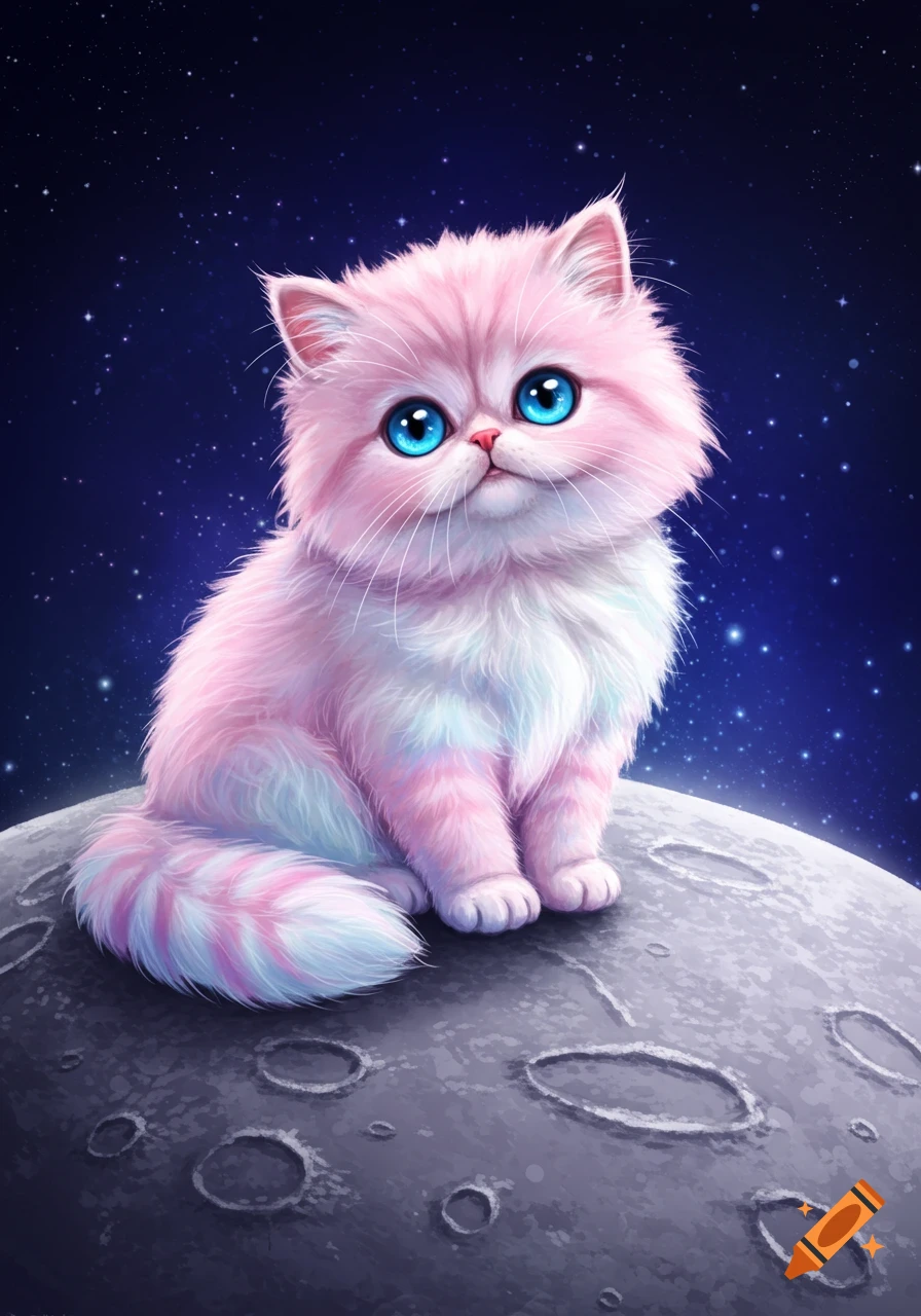 A cute pastel pink and white fluffy cat with blue eyes sits on a cratered moon in space.