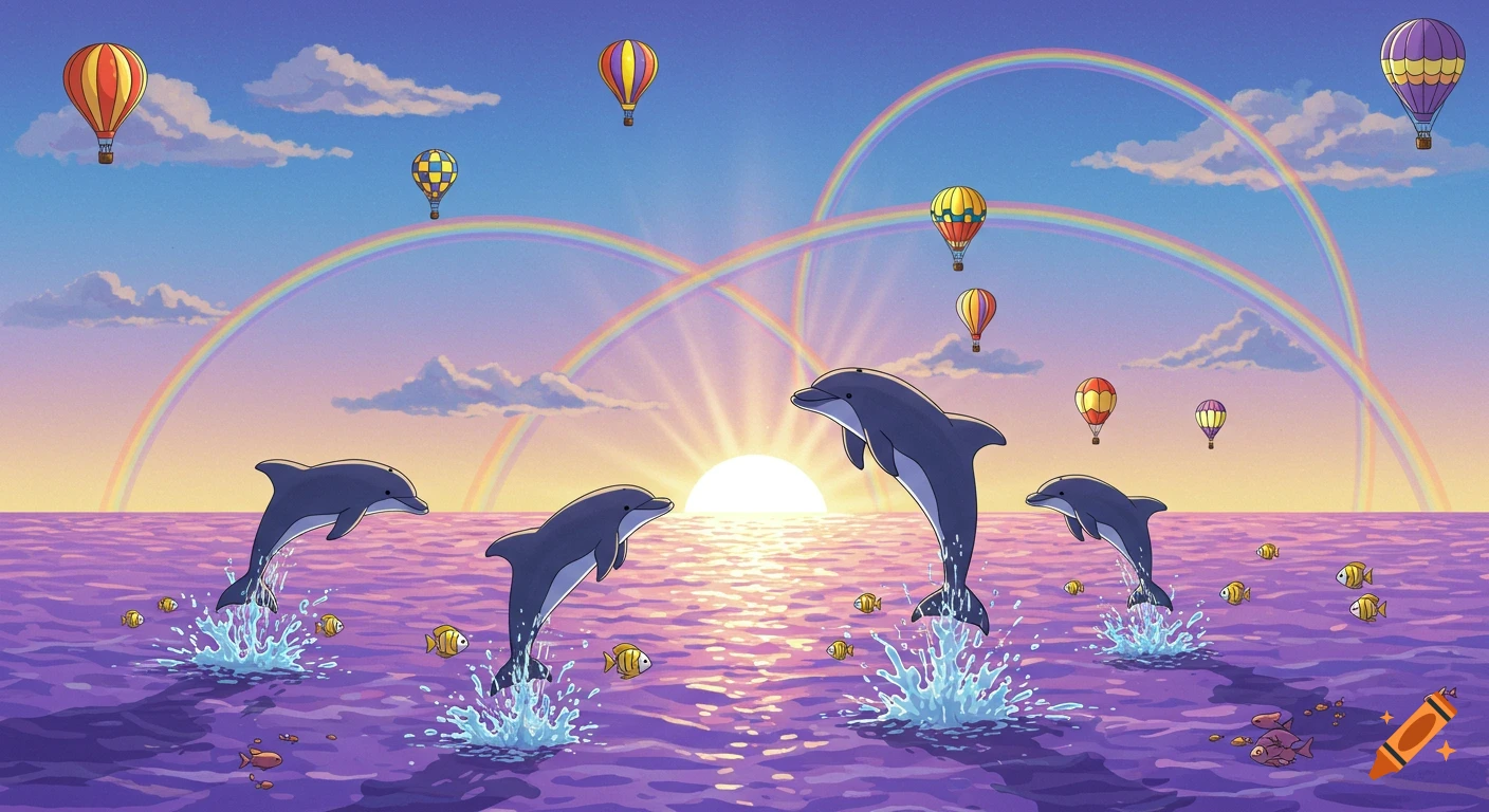 Cartoon dolphins jump from a purple sea under rainbows, hot air balloons, and a bright sun.