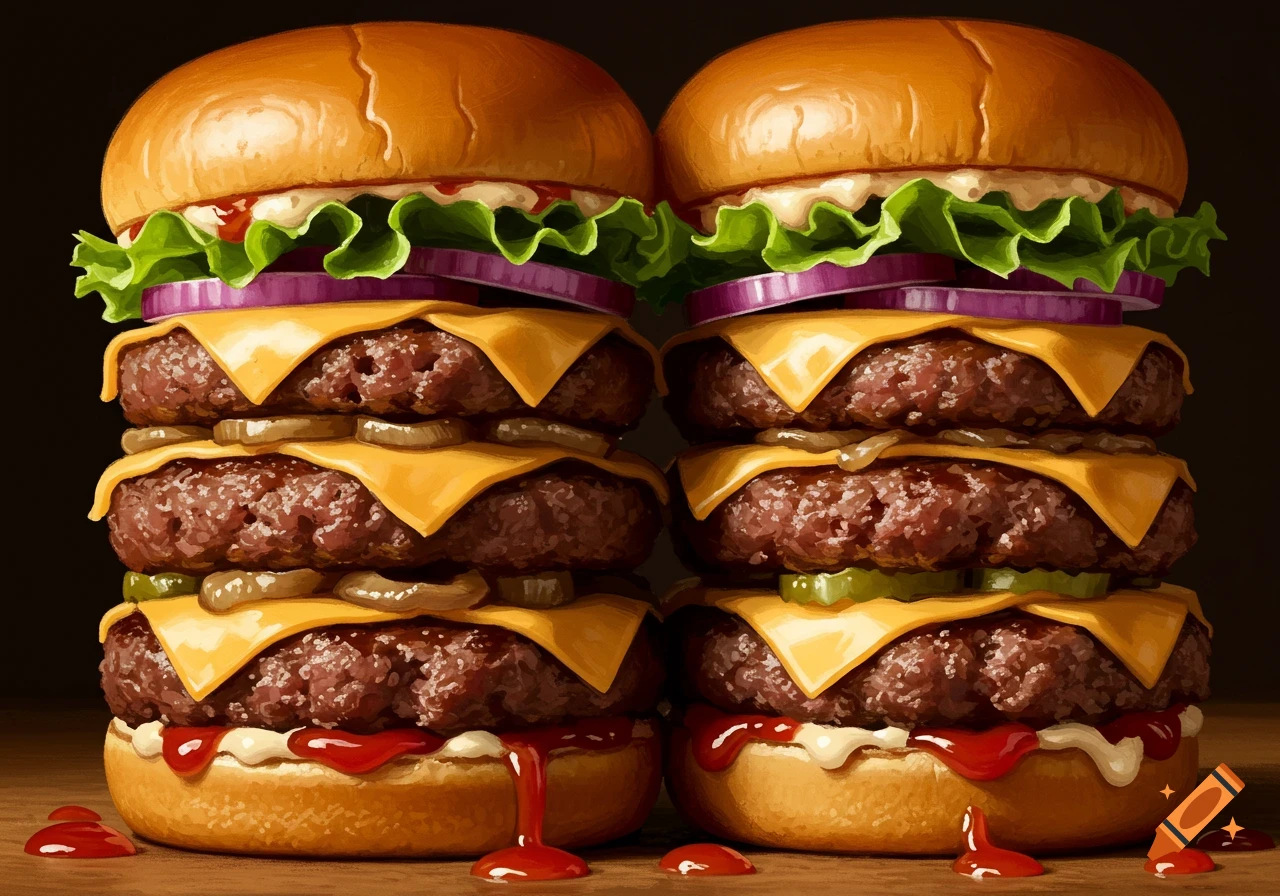 Two large, double-stacked burgers with cheese, lettuce, onion, pickles, and sauce on a dark background.