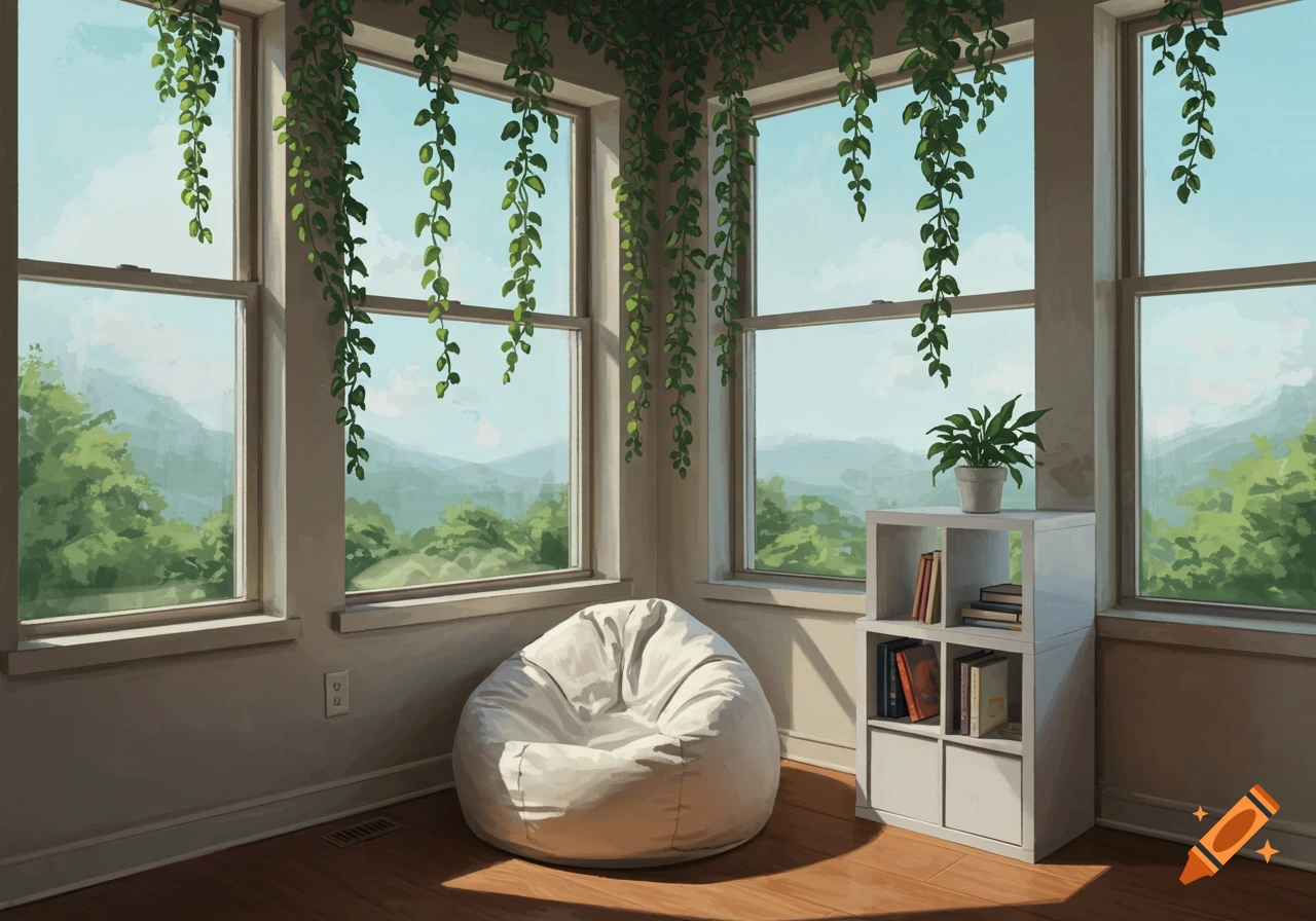 A cozy room corner with large windows, hanging vines, a white bean bag chair, and a bookshelf.