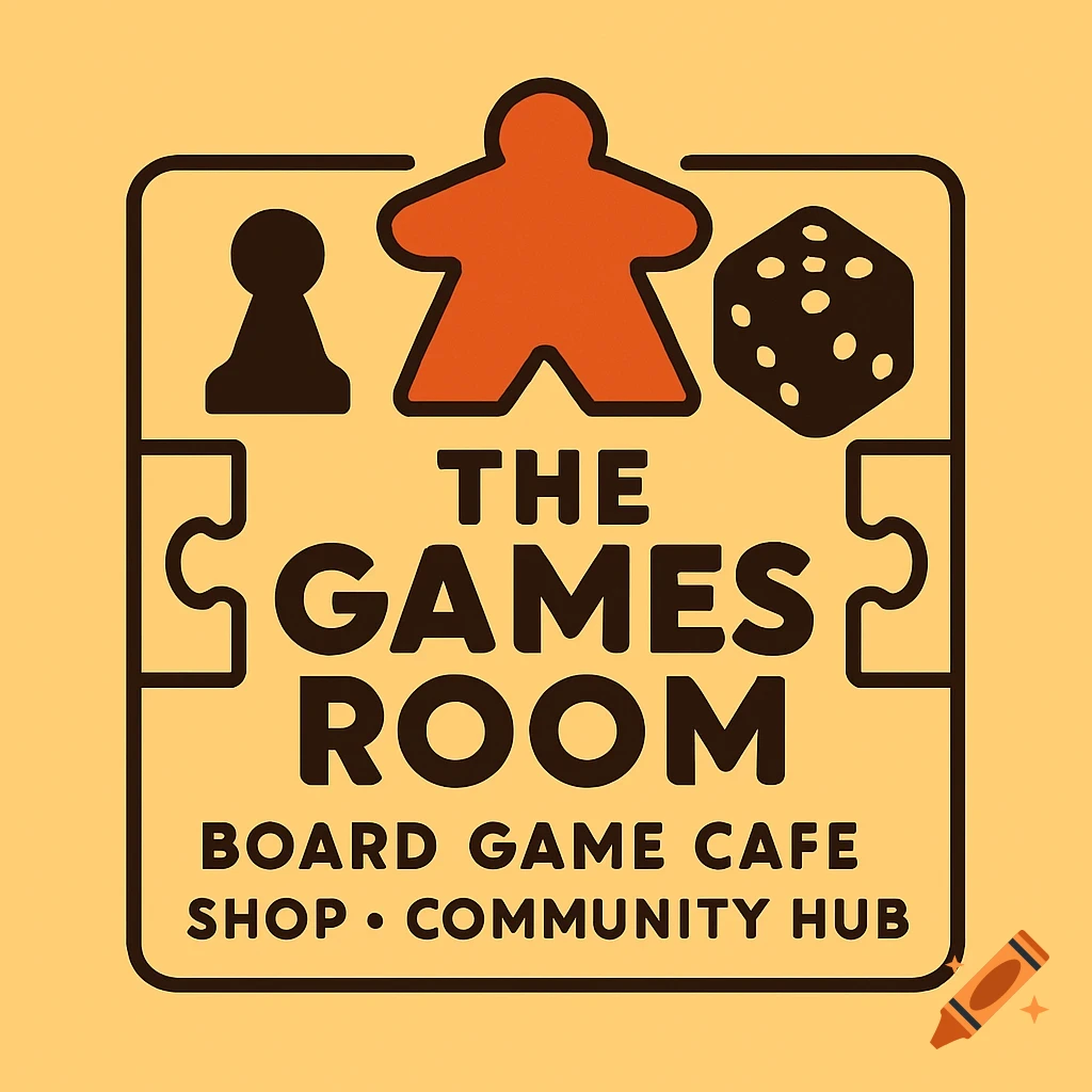 Logo for The Games Room featuring a pawn, meeple, and die inside a puzzle piece border with text BOARD GAME CAFE SHOP • COMMUNITY HUB