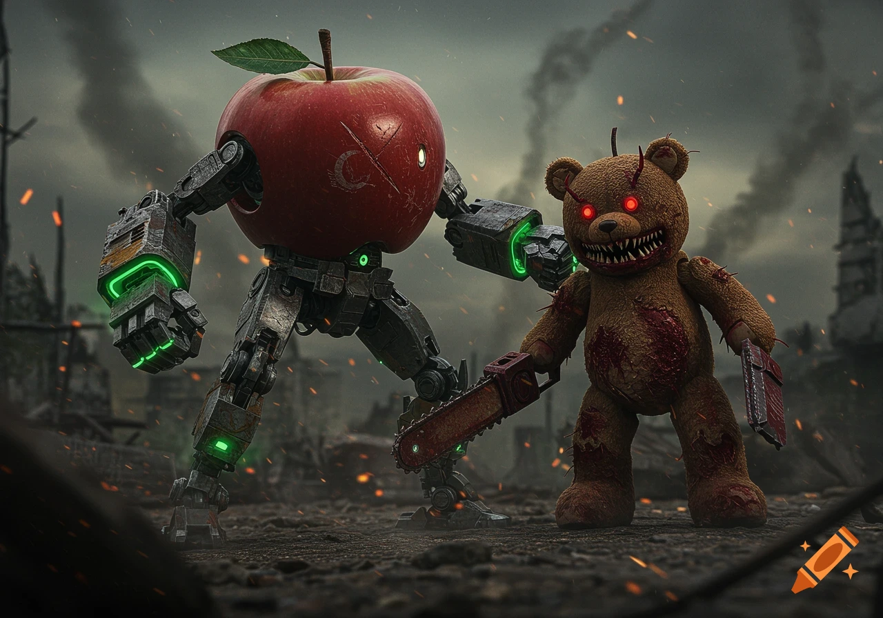 Photorealistic image of an apple robot fighting a scary teddy bear with a chainsaw in a ruined city.