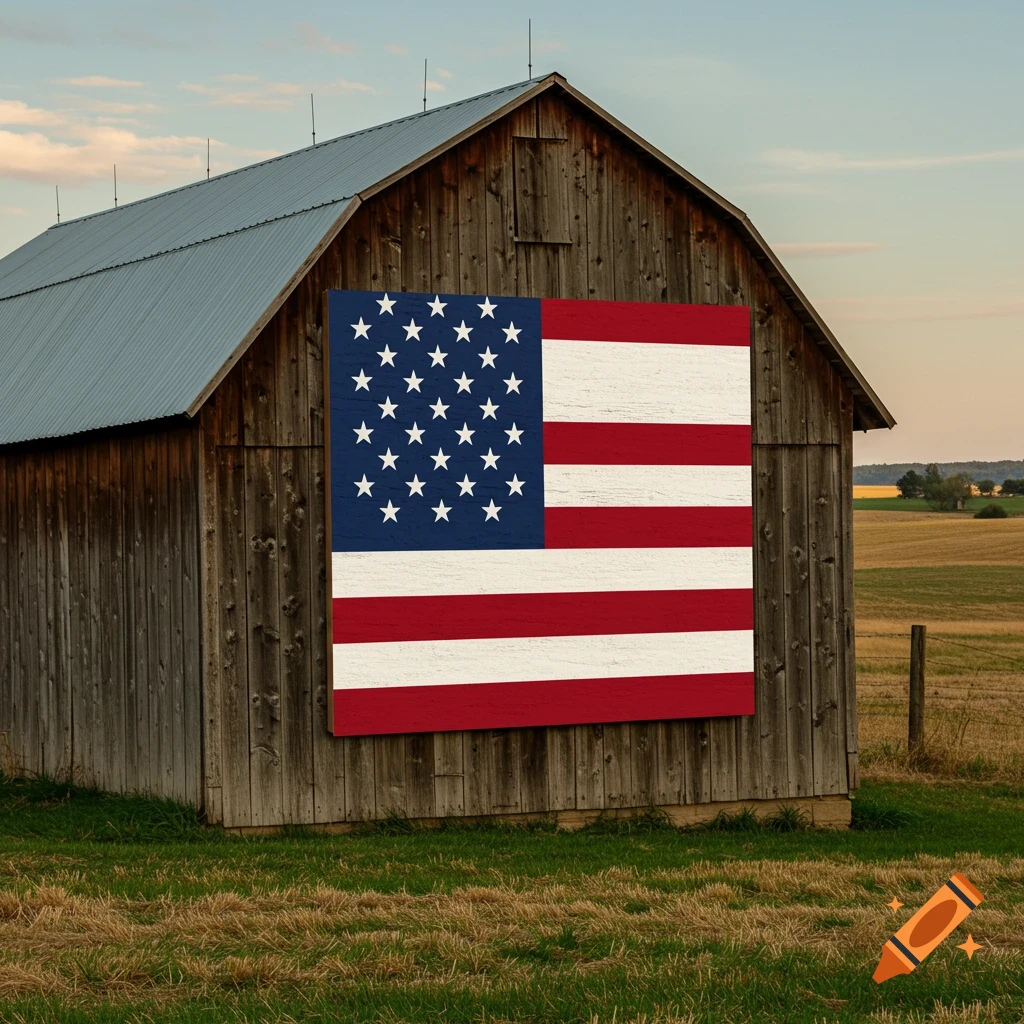 A large American flag hangs on the side of a wooden barn in a rural landscape.