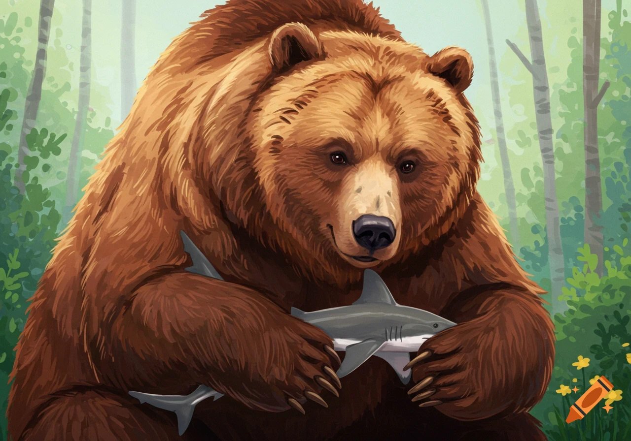 Stylized illustration of a brown bear holding a shark in a forest.