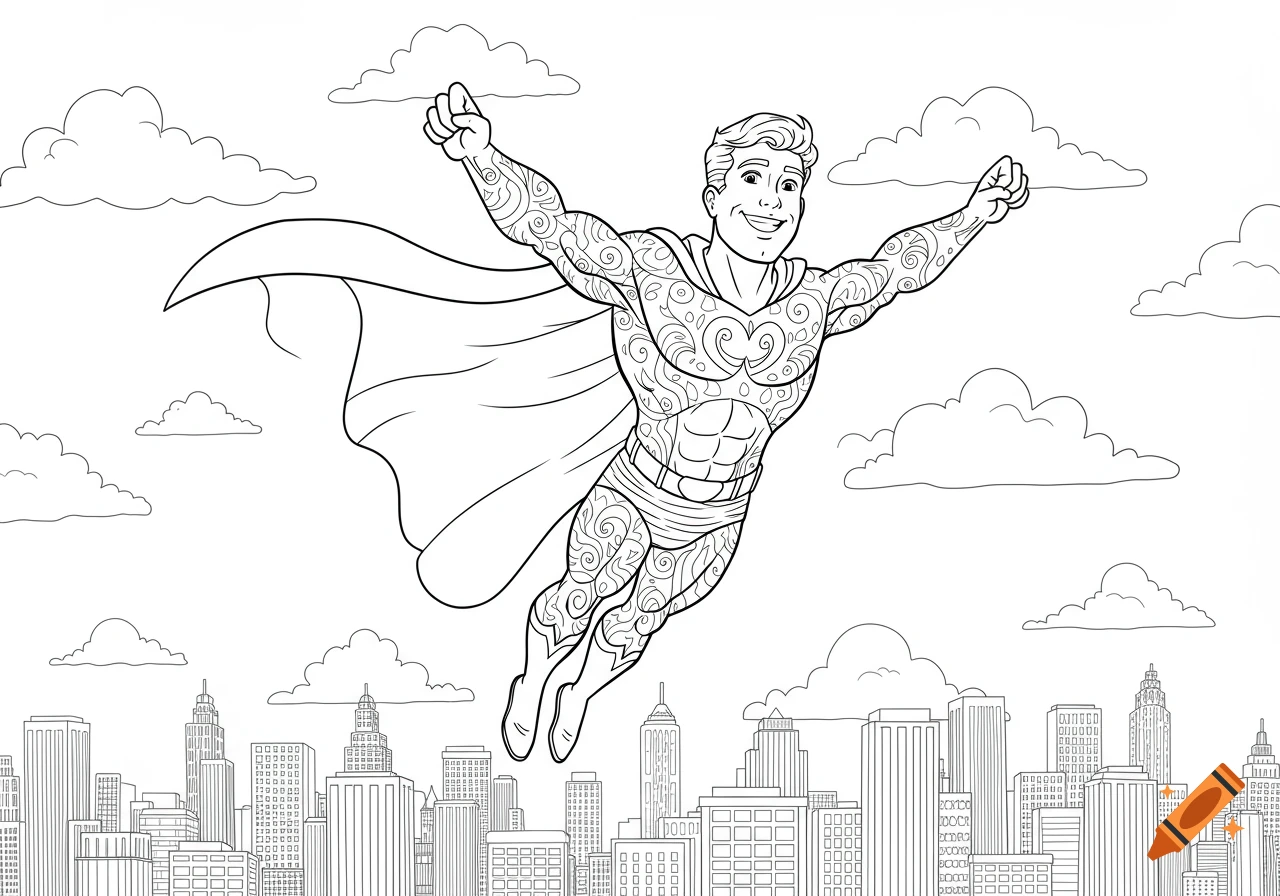 A coloring page of a superhero flying over a city.