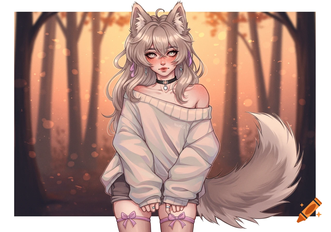 Anime wolf girl in oversized off-shoulder sweater, shorts, and thigh-highs in a forest at sunset.
