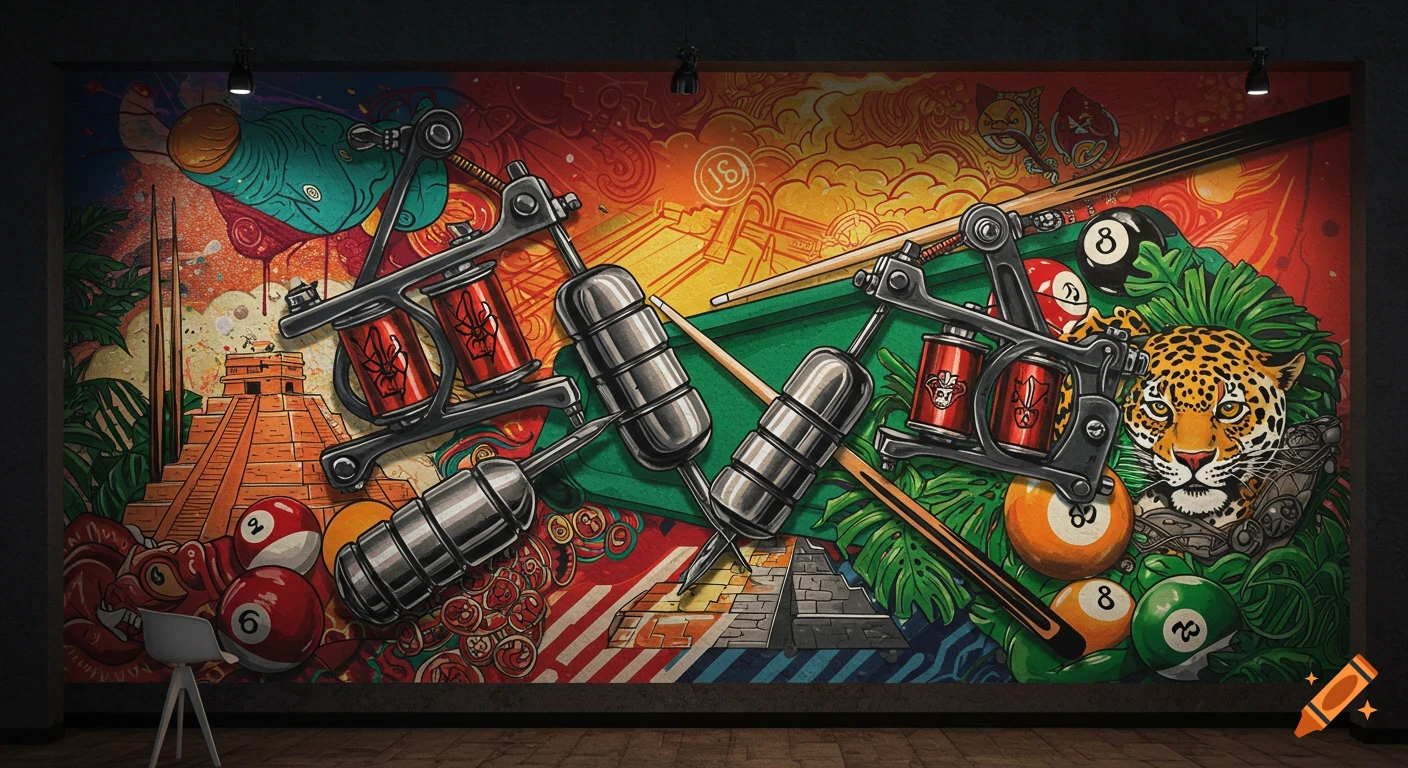 Colorful mural in a street art style featuring tattoo machines, pool balls, a jaguar, and Mayan pyramids.