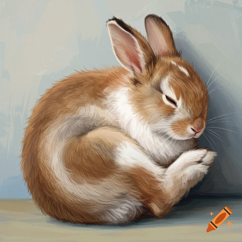A brown and white rabbit curled up sleeping, digital painting