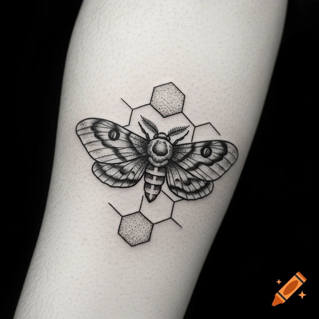 Black and white tattoo of a moth on a hexagonal pattern on skin.