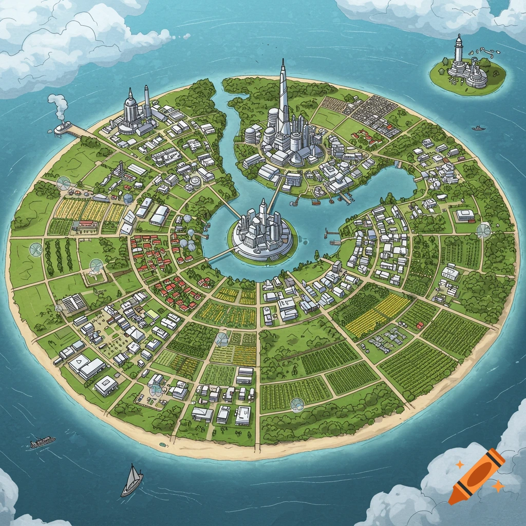 Illustration of a circular island city with a central lake, modern buildings, and agricultural fields in a cartoon style.