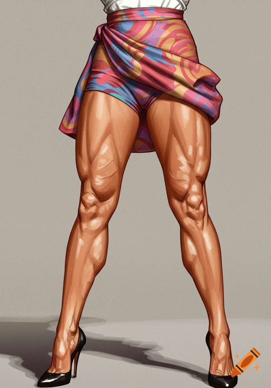 Muscular legs in a colorful skirt and high heels illustration.