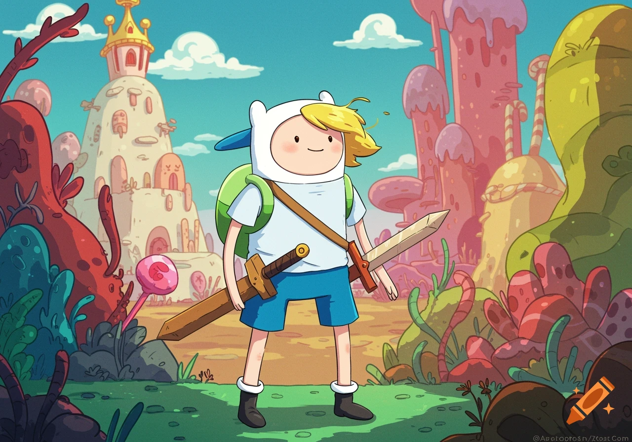 Finn from Adventure Time stands with a sword in a vibrant fantasy landscape.
