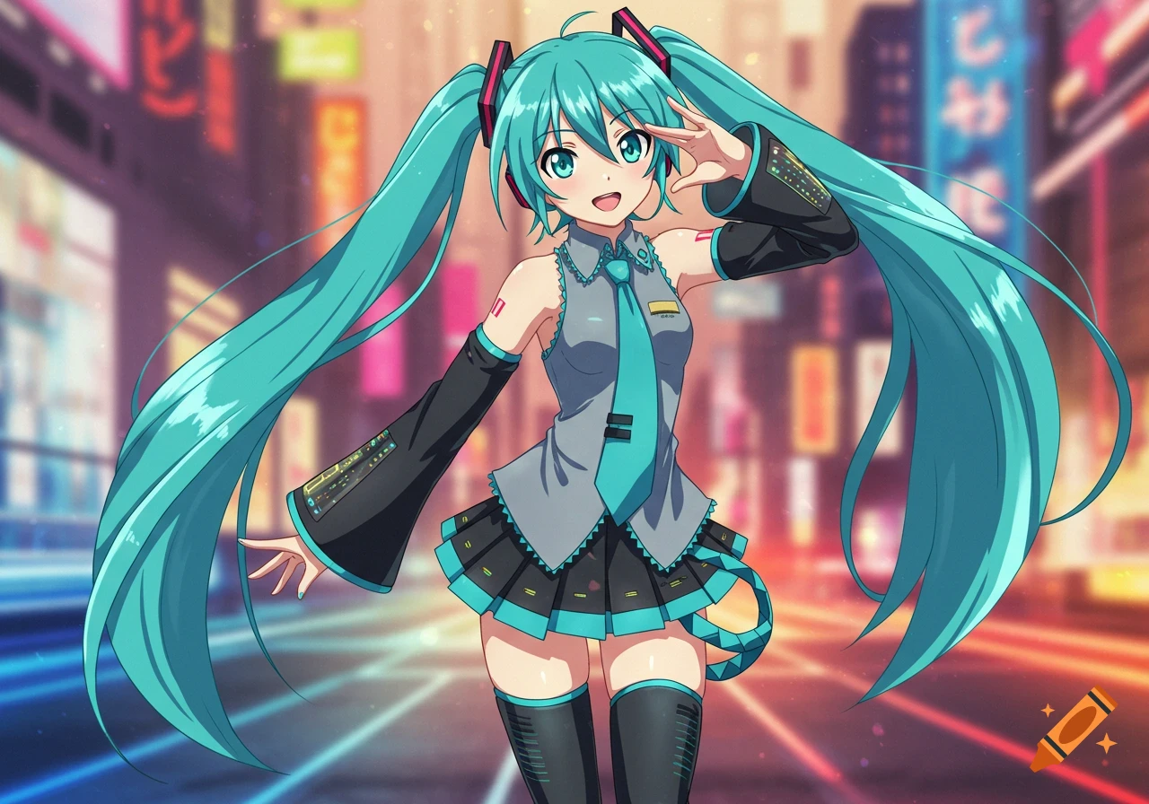 Anime character Hatsune Miku poses in a futuristic city.