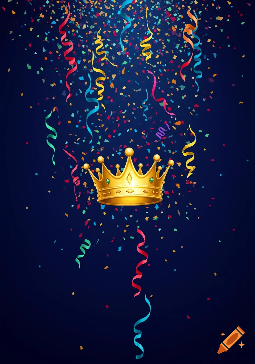 A golden crown floats amidst falling colorful confetti and streamers on a dark blue background.