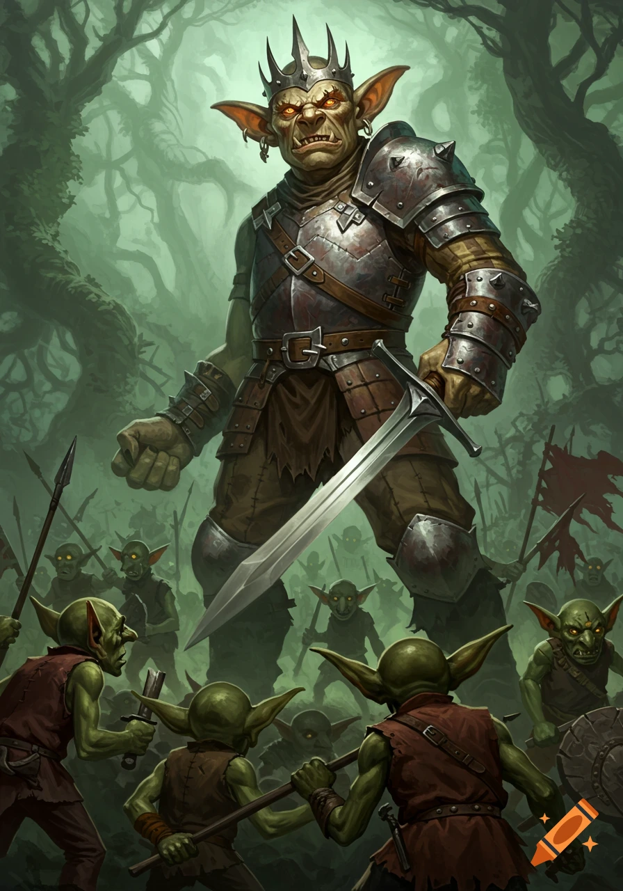 Giant goblin king in armor with a sword stands over his army of smaller goblin warriors in a misty forest, digital art