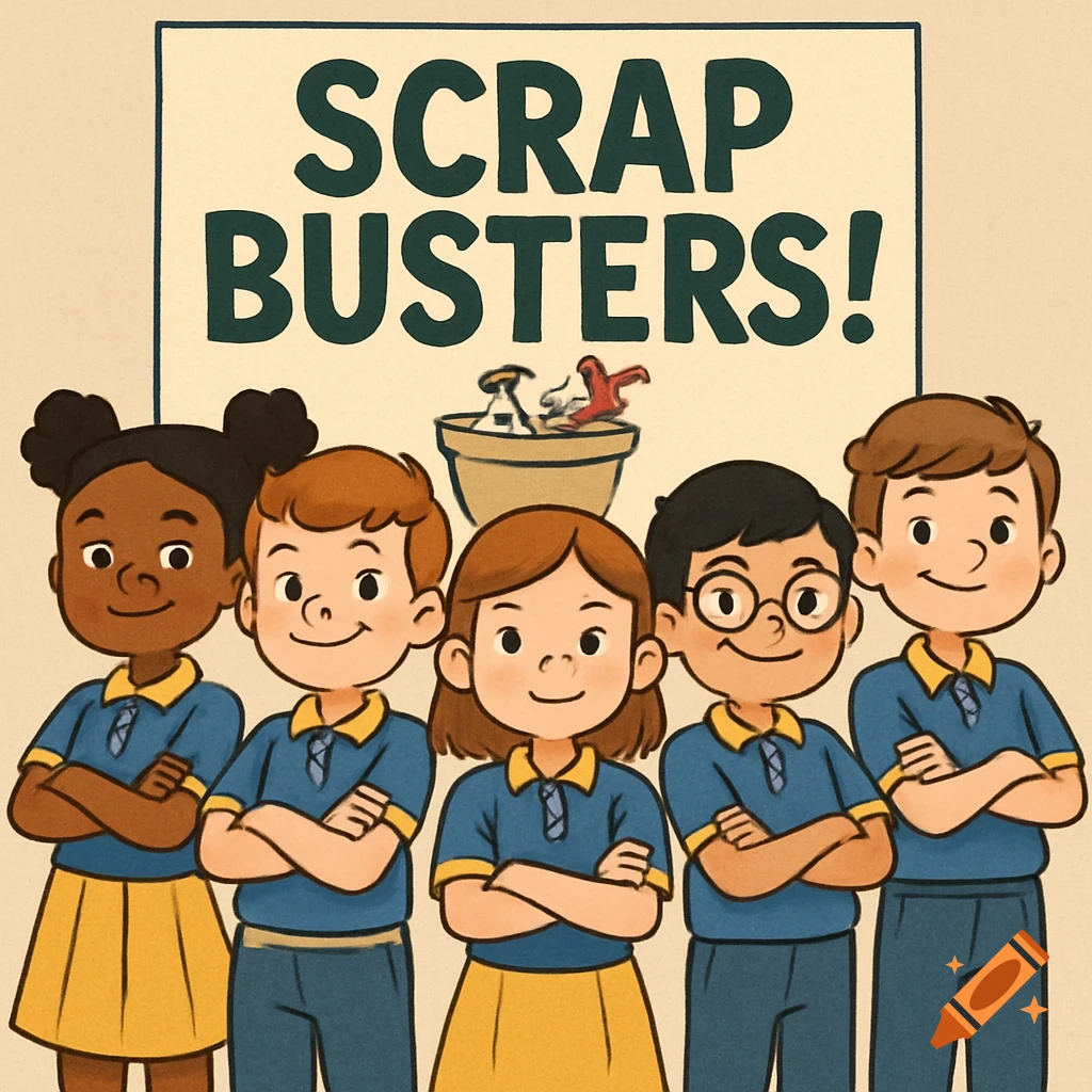Cartoon illustration of five kids in blue and yellow uniforms with arms crossed, standing under a banner that reads SCRAP BUSTERS!