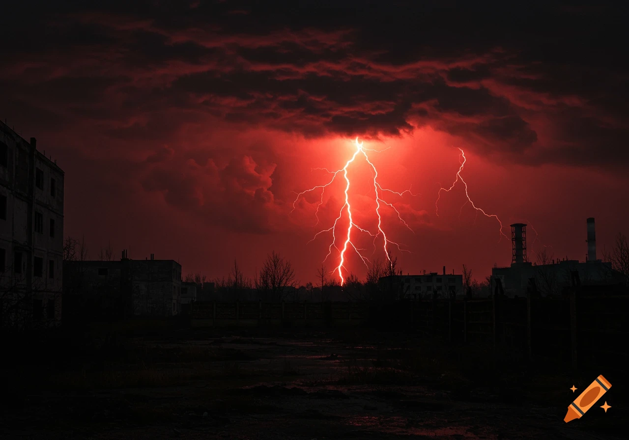 A red lightning storm illuminates dark, abandoned buildings in a post-apocalyptic landscape.