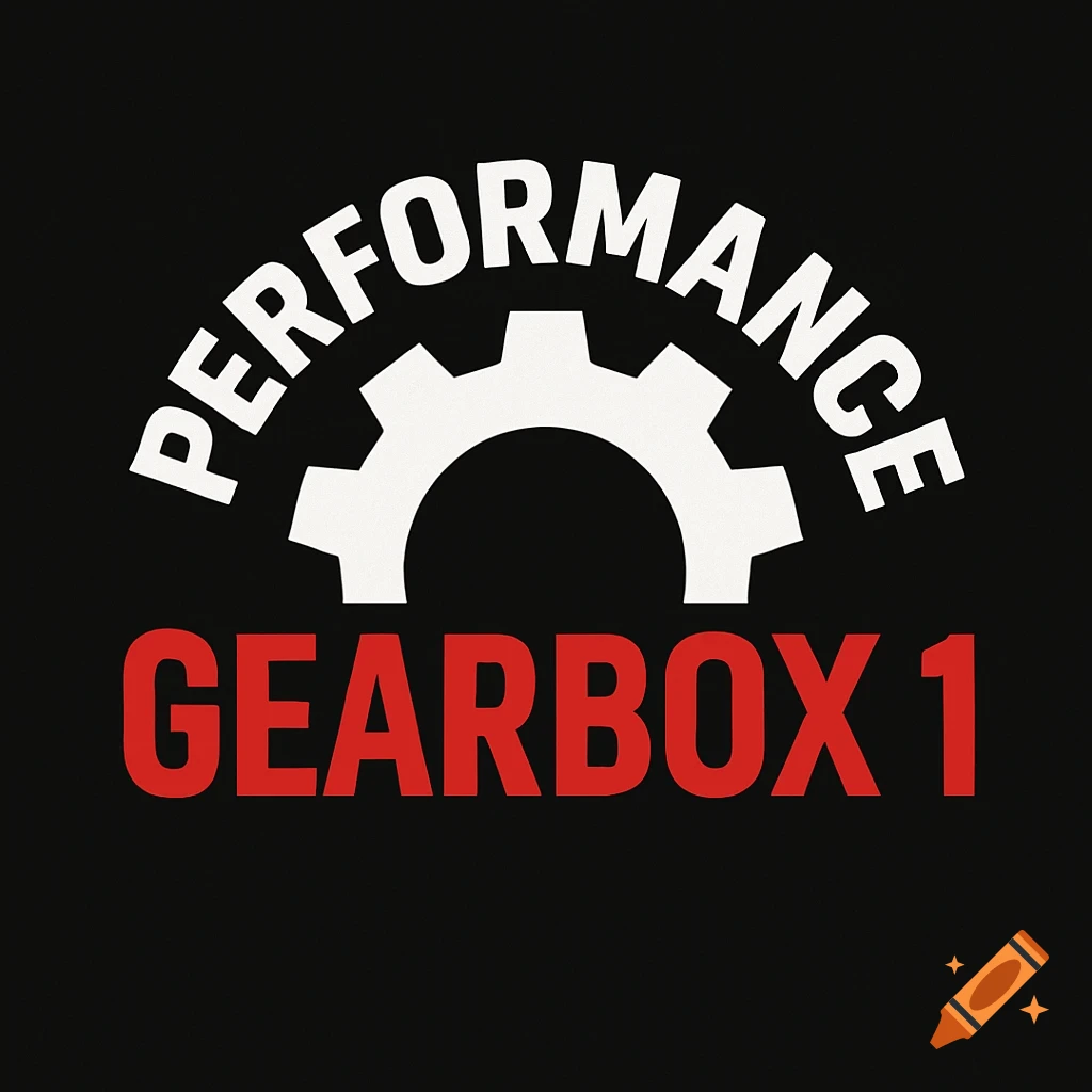 Logo with arched white text 'PERFORMANCE' above a white gear symbol and red text 'GEARBOX 1' on a black background.