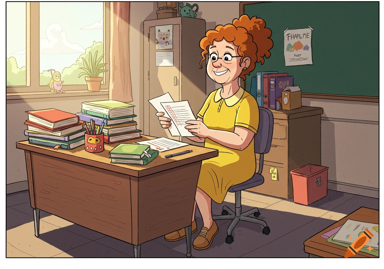 A cartoon illustration of a smiling teacher sitting at a desk in a classroom, holding papers.