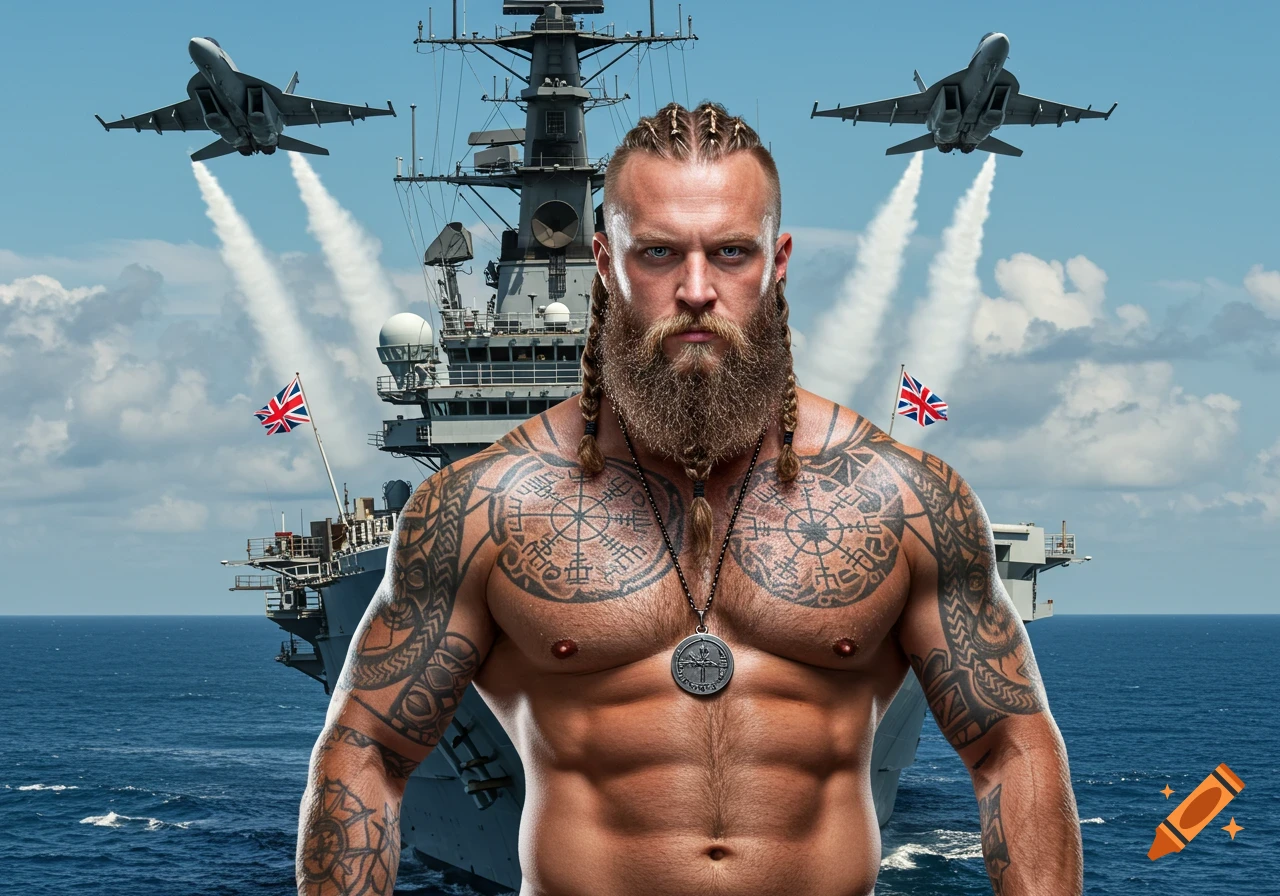 Muscular man with beard, braids, and tattoos in front of an aircraft carrier with jets flying overhead and British flags.