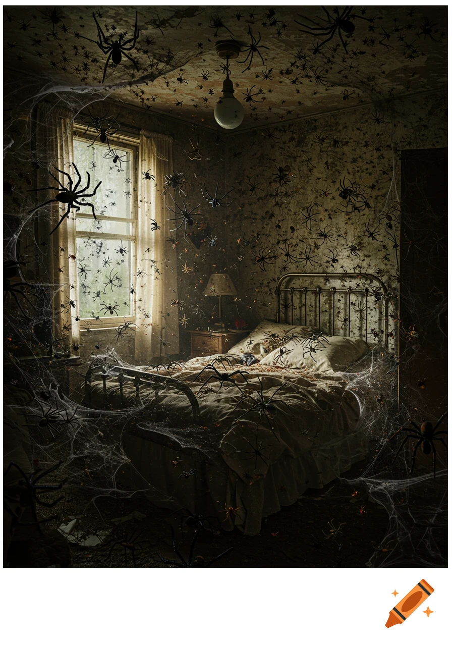 A dark, dusty bedroom is completely covered in spiders and thick cobwebs. Sunlight streams through a window onto the bed.