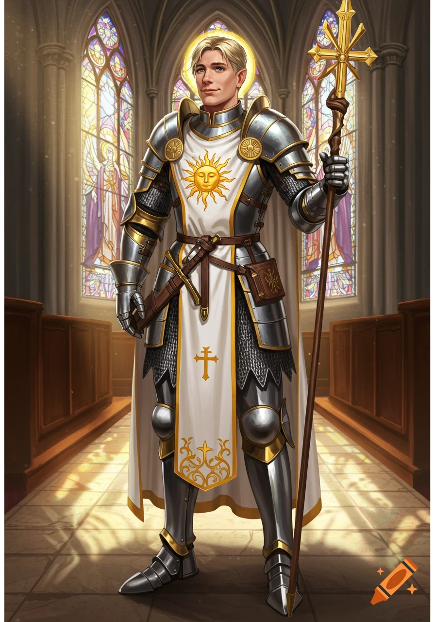 A holy knight or cleric in shining armor and surcoat holding a staff with a cross, standing in a church with stained glass windows.