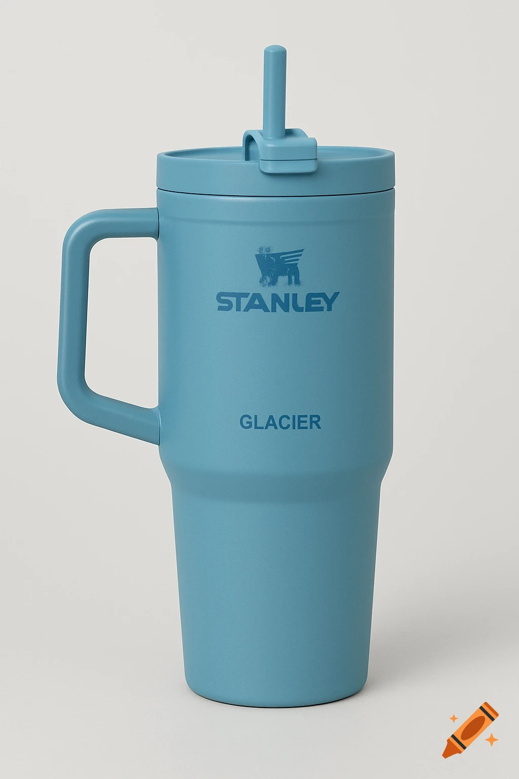 A blue Stanley tumbler with a handle and straw lid is shown against a plain background.
