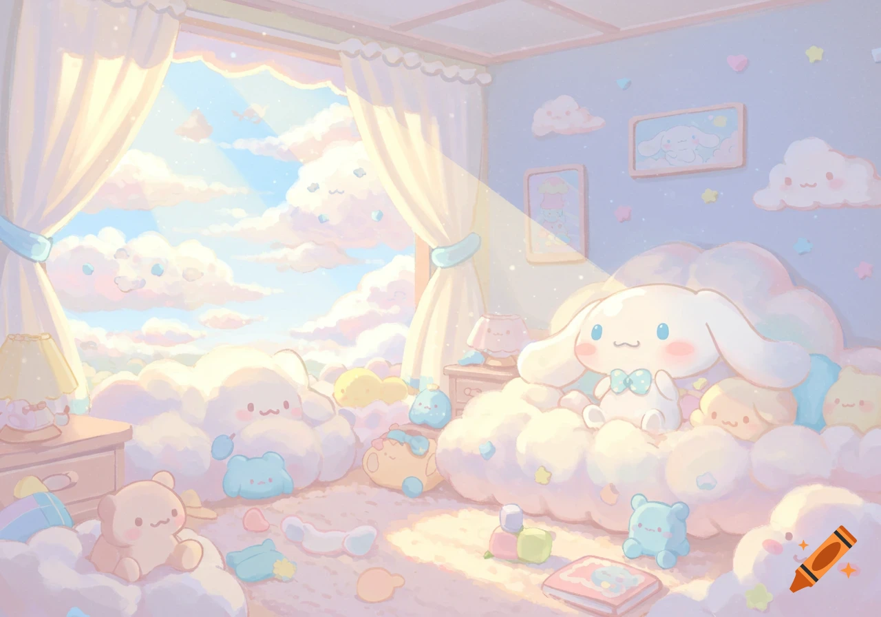 Pastel anime bedroom filled with clouds, cute characters, and Cinnamoroll.
