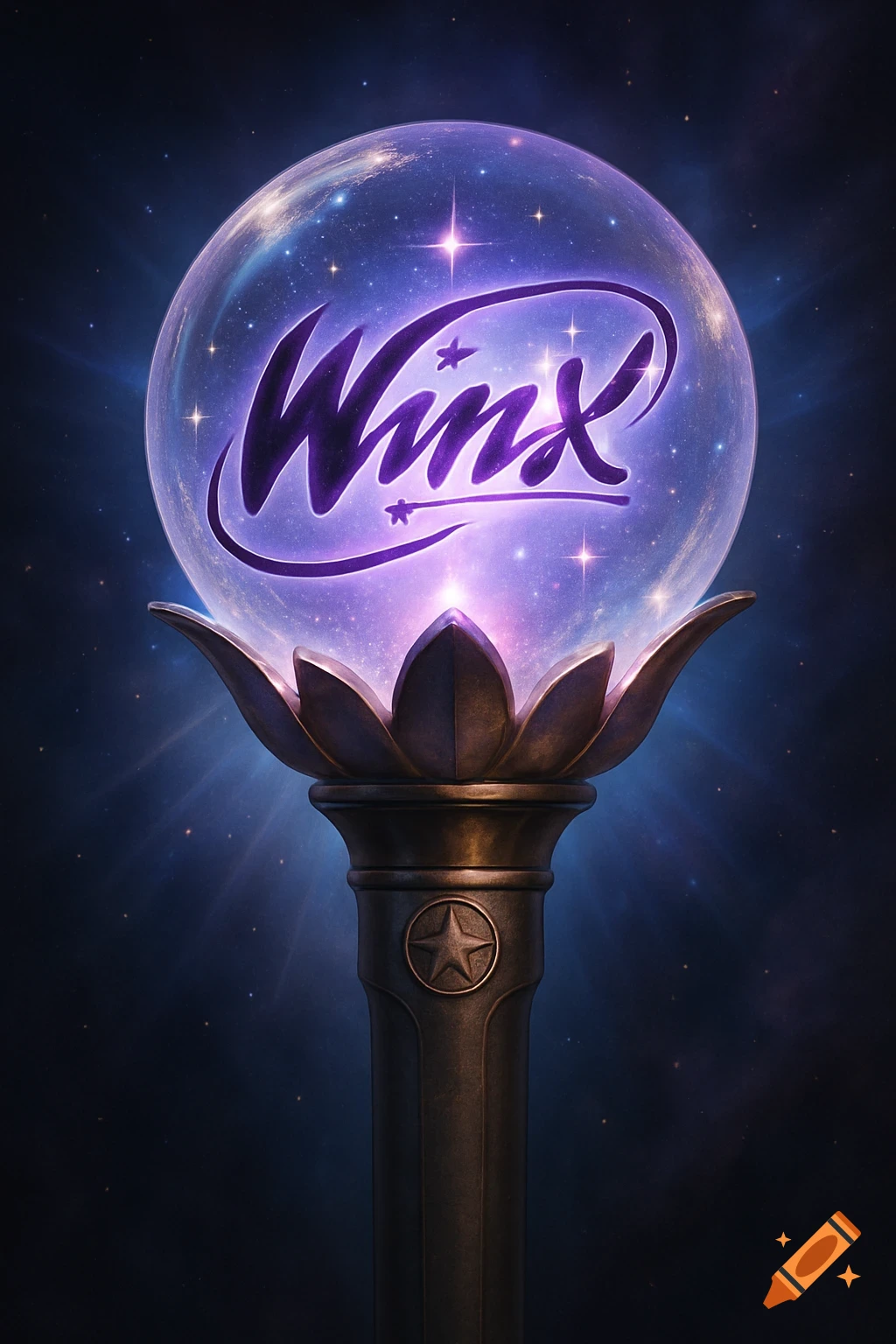 A magical-looking K-pop light stick with an orb containing the "Winx" logo and stars.